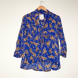 Anthropologie Conversations Tie Front Button Down Blouse Tiger Print